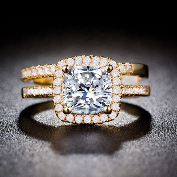 🎊18K Gold Plated Luxury Princess Cut 3A CZ Wedding Couple Ring, FB16FA1029-9 - Picture 2 of 3